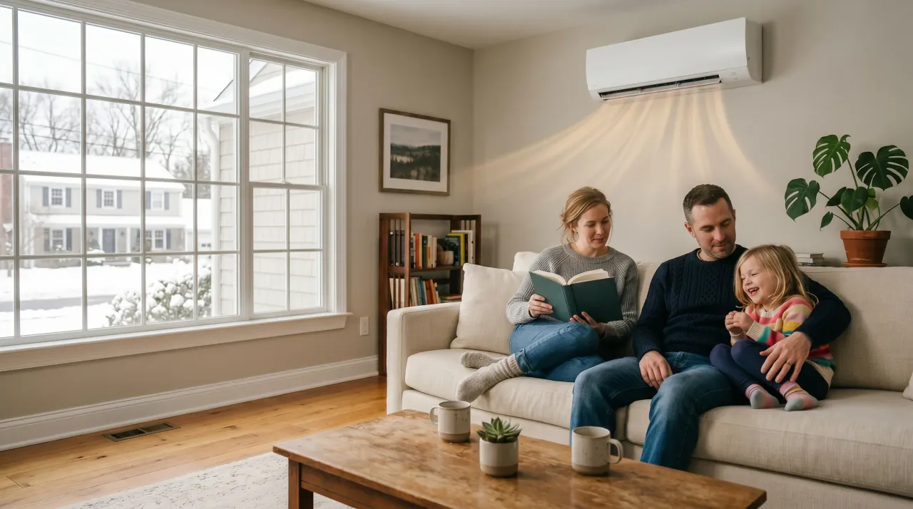 New Jersey family staying warm at home in winter with a ductless mini-split heat pump, snow-covered suburban street visible through the window