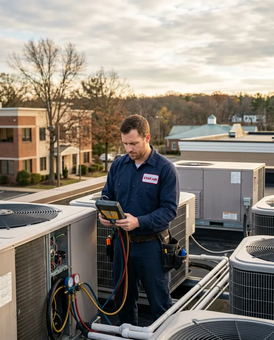 Star Air HVAC/R technician servicing commercial rooftop HVAC units in New Jersey with city skyline in the background